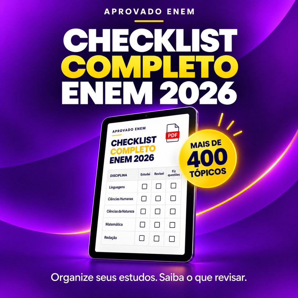 Capa do Checklist para Aprovação Enem 2026, com mais de 400 tópicos organizados por área