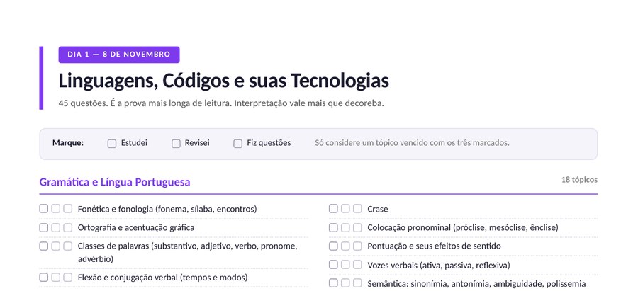 Prévia da página de Linguagens, com as marcações Estudei, Revisei e Fiz questões e alguns tópicos de exemplo
