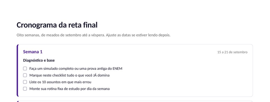 Prévia do cronograma de 8 semanas, mostrando a primeira semana como exemplo