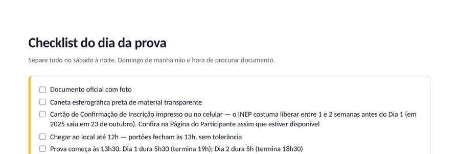 Prévia do checklist do dia da prova, com os primeiros itens da lista